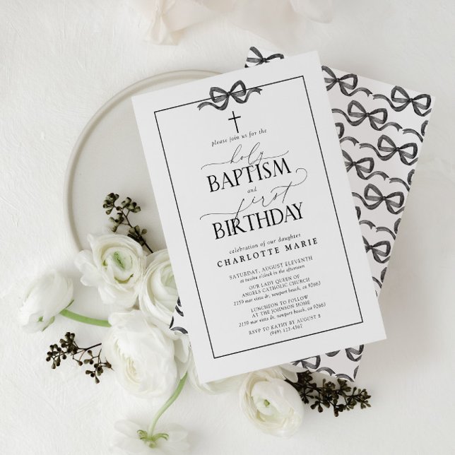 Cute Black Bow Girl Heliga Baptism och första föde Inbjudningar (Easily personalize this beautiful baptism and first birthday invitation with your personal details)