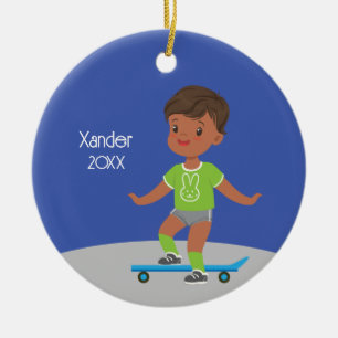 Cute Black Boy Skateboard Julgransprydnad Keramik