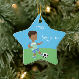 Cute Black Boy Soccer Personlig jul Ceram Julgransprydnad Keramik