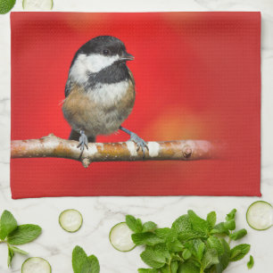 Cute Black-Caps Chickadee med Red Höst löv Kökshandduk