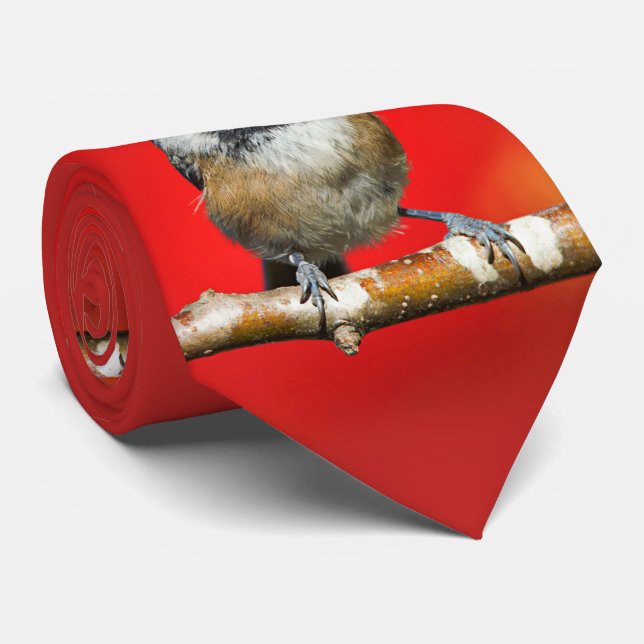 Cute Black-Caps Chickadee med Red Höst löv Slips (Rullad)