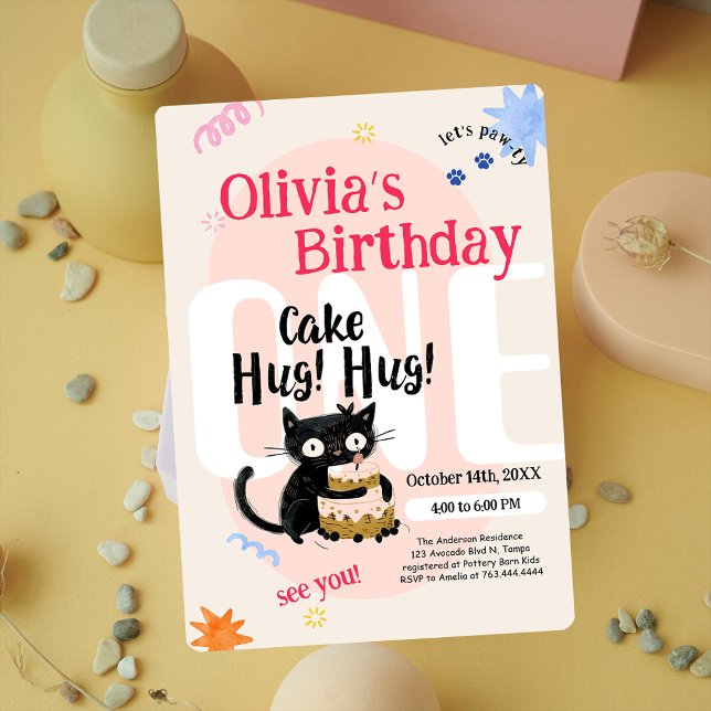 Cute Black Cat 1:a födelsedag Party Inbjudningar (Cute Black Cat 1st Birthday Party Invitation)