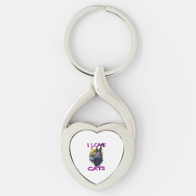 Cute Black cat 1 Twisted Heart Silverfärgad Nyckelring (Framsidan)