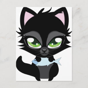 Cute Black cat and fish Vykort