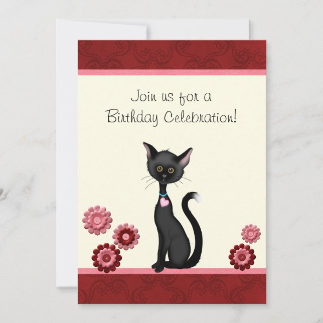 Cute Black Cat and Flowers Birthday-inbjudan Inbjudningar (Framsida)