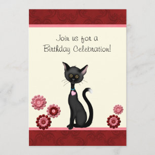 Cute Black Cat and Flowers Birthday-inbjudan Inbjudningar