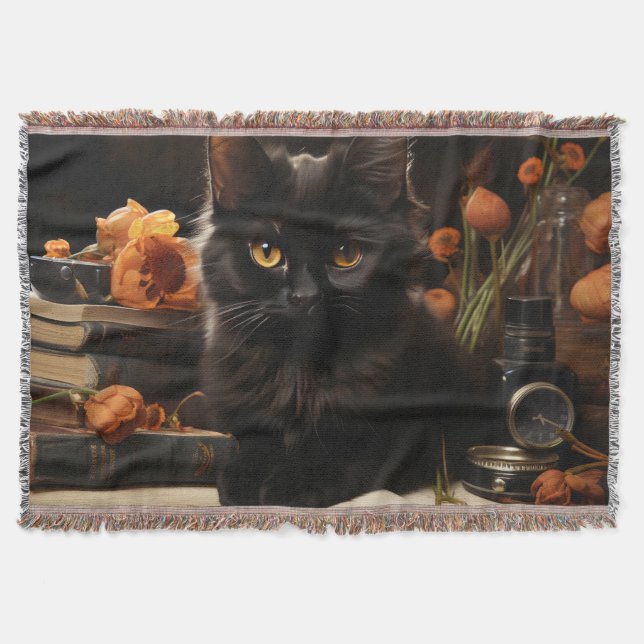 Cute Black Cat and Flowers Filt (Framsidan)