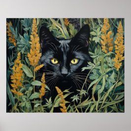 Cute Black Cat and Flowers Poster