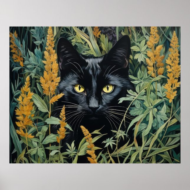 Cute Black Cat and Flowers Poster (Framsidan)