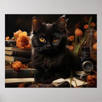 Cute Black Cat and Flowers Poster