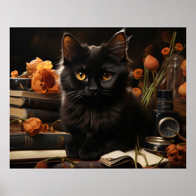 Cute Black Cat and Flowers Poster (Framsidan)