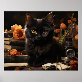 Cute Black Cat and Flowers Poster