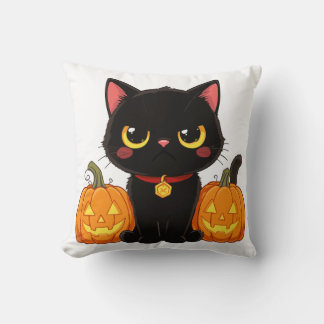 Cute Black Cat and Pumpkins Halloween Kudde
