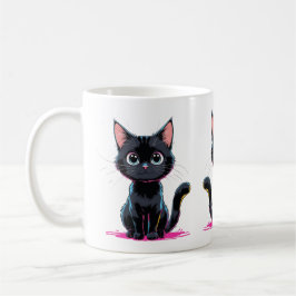 Cute Black Cat Anime Illustration Playful Tecknad Kaffemugg