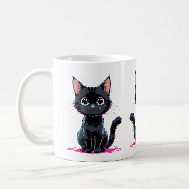 Cute Black Cat Anime Illustration Playful Tecknad Kaffemugg (Vänster)