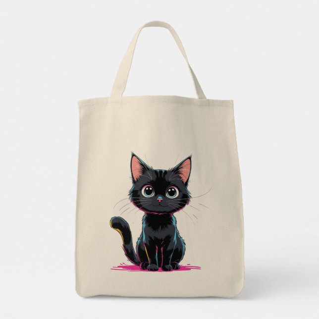 Cute Black Cat Anime Illustration Playful Tecknad Tygkasse (Baksida)