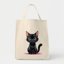 Cute Black Cat Anime Illustration Playful Tecknad Tygkasse