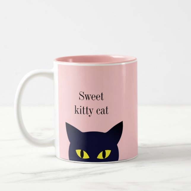 Cute Black cat ansikte & calligraphy on rosa Två-Tonad Mugg (Vänster)