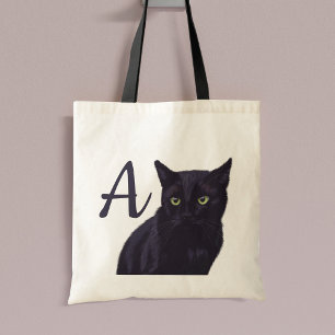 Cute Black Cat Art Monogram Toxt Bag Tygkasse