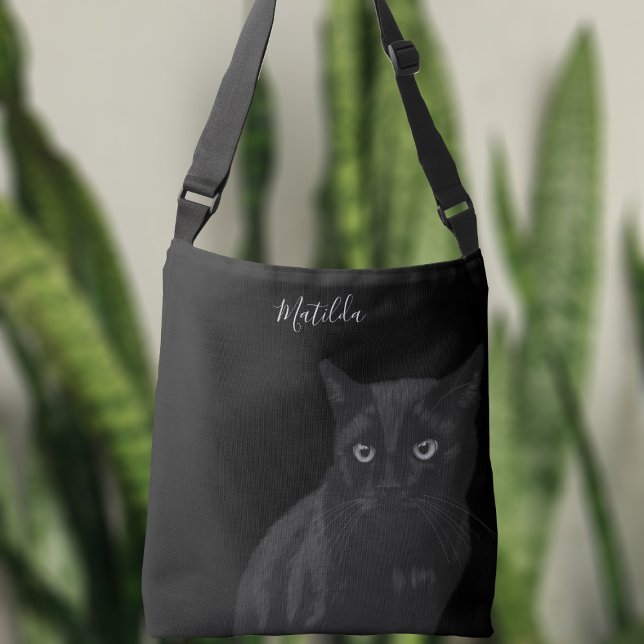 Cute Black Cat Art Personlig Crossbody Bag Axelväska (A black cat on a black bag? Yes! Just add your name)