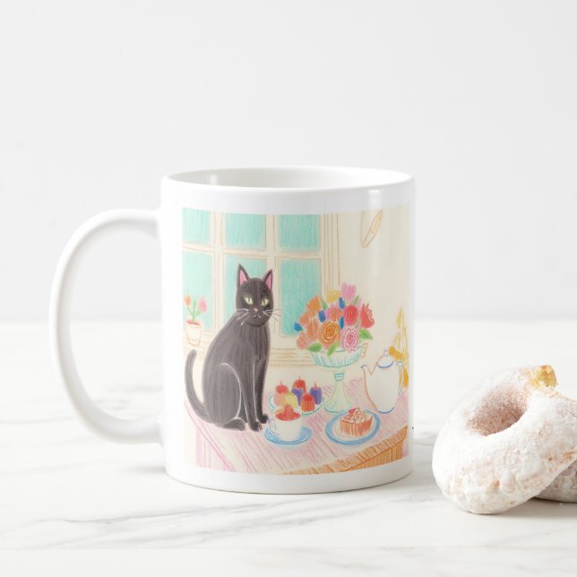 Cute Black Cat at Tea Party Mug Kaffemugg (Med munk)