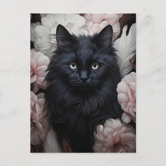 Cute Black Cat bland blommor Vykort (Framsida)