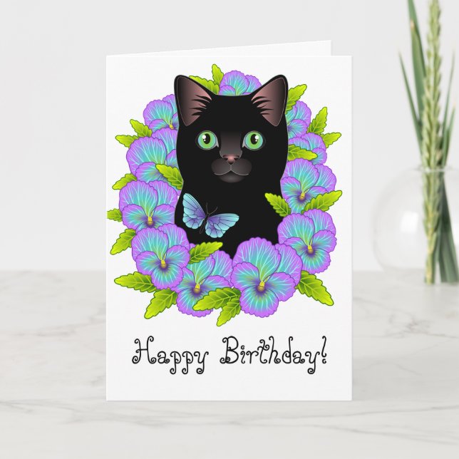Cute Black Cat Blommigt Magic Grattis på födelseda Kort (Framsida)