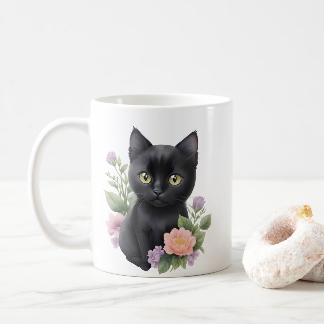 Cute Black Cat Blommigt Whimsical Kaffemugg (Med munk)