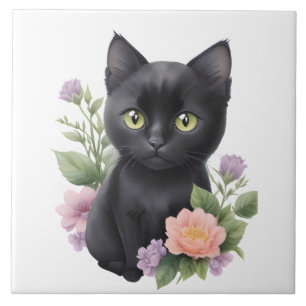 Cute Black Cat Blommigt Whimsical Kakelplatta