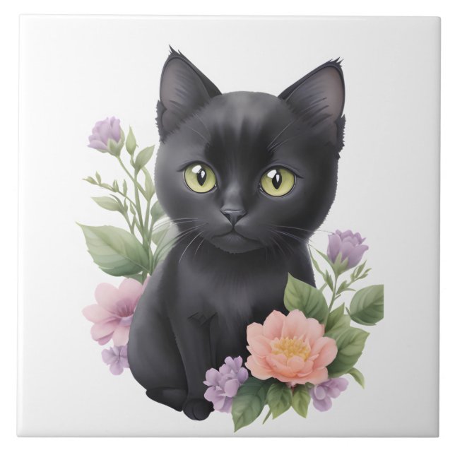 Cute Black Cat Blommigt Whimsical Kakelplatta (Framsidan)