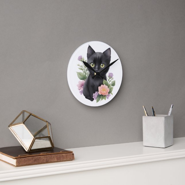 Cute Black Cat Blommigt Whimsical Rund Klocka (Kontor)