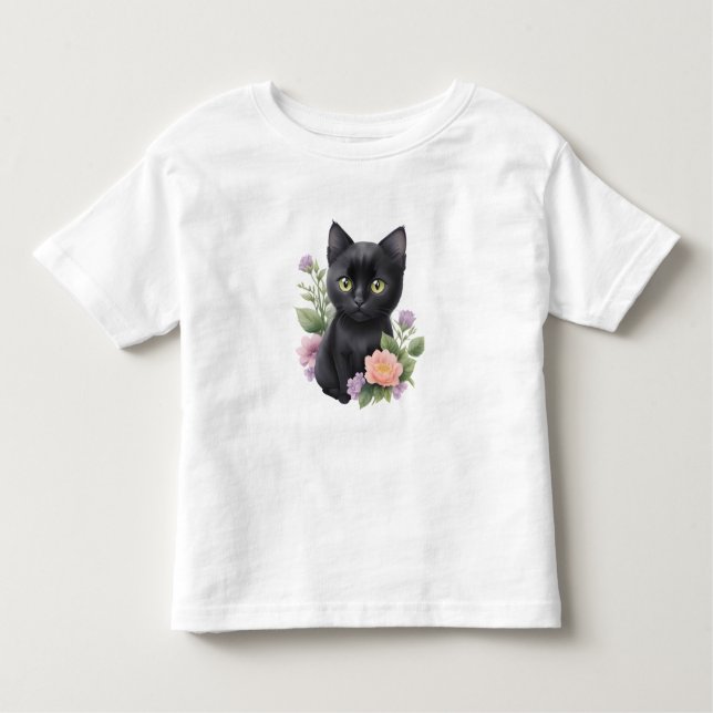 Cute Black Cat Blommigt Whimsical T Shirt (Framsida)