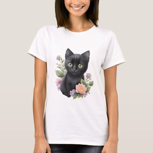Cute Black Cat Blommigt Whimsical T Shirt (Framsida)