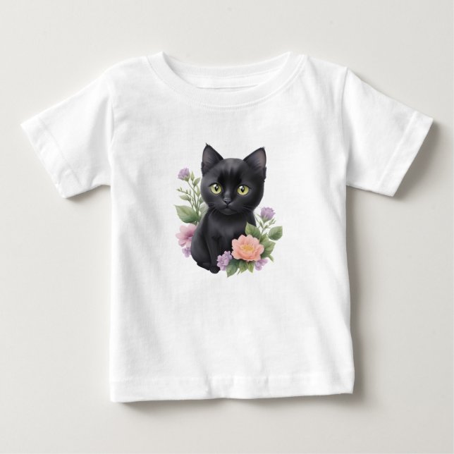 Cute Black Cat Blommigt Whimsical T Shirt (Framsida)