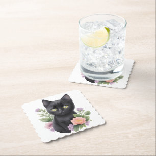 Cute Black Cat Blommigt Whimsical Underlägg Papper