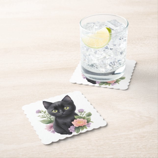 Cute Black Cat Blommigt Whimsical Underlägg Papper (Insitu)