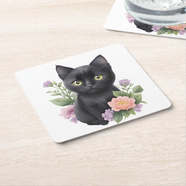 Cute Black Cat Blommigt Whimsical Underlägg Papper Kvadrat (Vinklad)