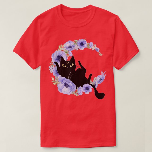 Cute Black Cat Blue Flower Crescent Måne Luna Cele T Shirt (Design framsida)