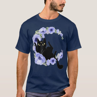 Cute Black Cat Blue Flower Crescent Måne Luna Cele T Shirt