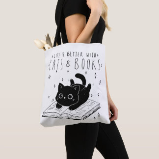 Cute Black Cat Book Lover Tote Bag Tygkasse