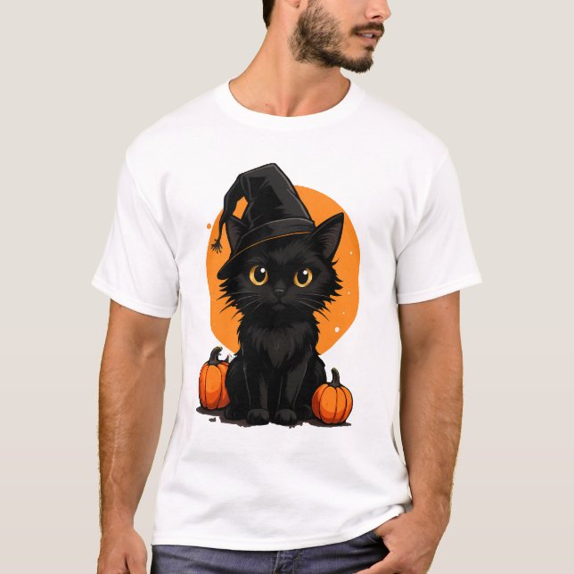 Cute Black Cat Cartoon T-Shirt | Funny Gift for Ca (Framsida)
