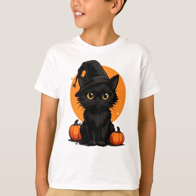 Cute Black Cat Cartoon T-Shirt | Funny Gift for Ca (Framsida)