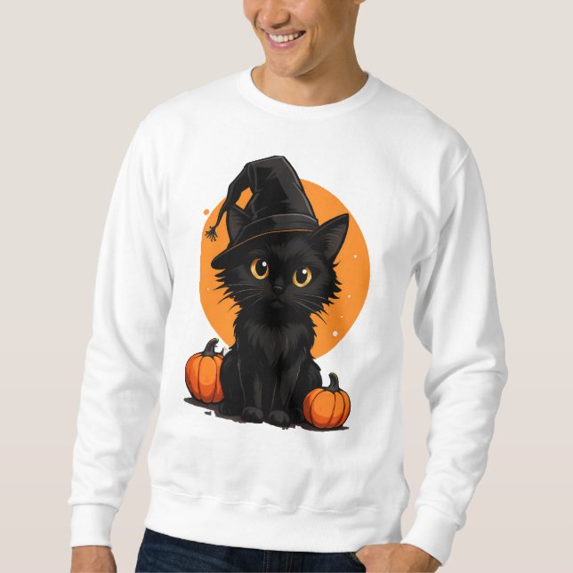 Cute Black Cat Cartoon T-Shirt | Funny Gift for Ca Lång Ärmad Tröja (Framsida)