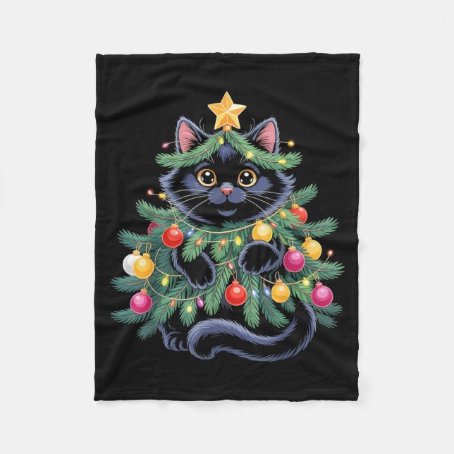 Cute Black Cat Christmas Tree Funny Kitten Lover X Fleecefilt (Framsidan)