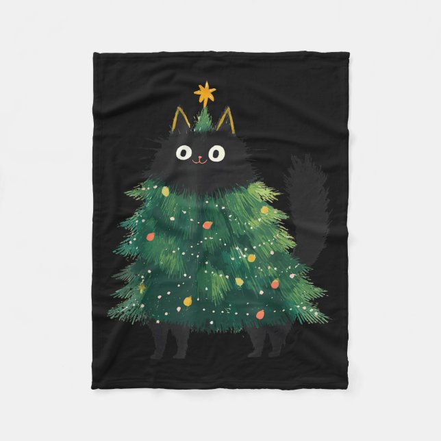 Cute Black Cat Christmas Tree Funny Kitten Lover X Fleecefilt (Framsidan)