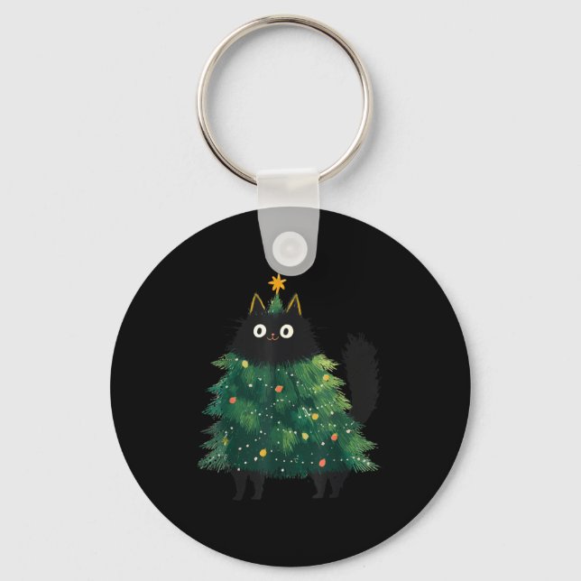 Cute Black Cat Christmas Tree Funny Kitten Lover X Nyckelring (Framsida)