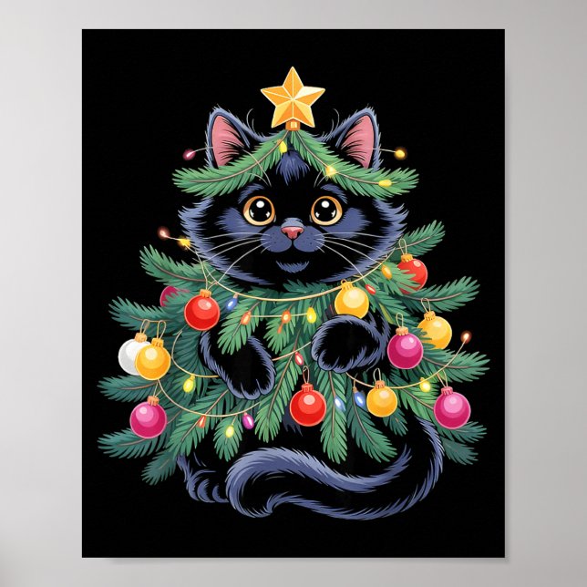 Cute Black Cat Christmas Tree Funny Kitten Lover X Poster (Framsidan)