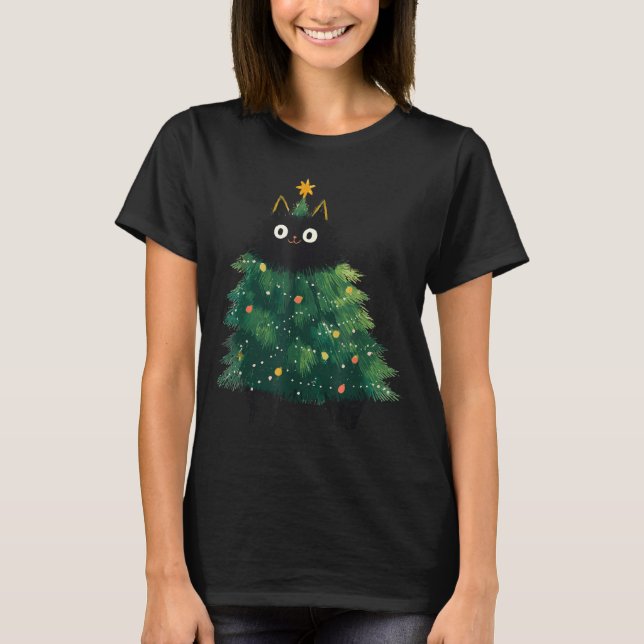 Cute Black Cat Christmas Tree Funny Kitten Lover X T Shirt (Framsida)
