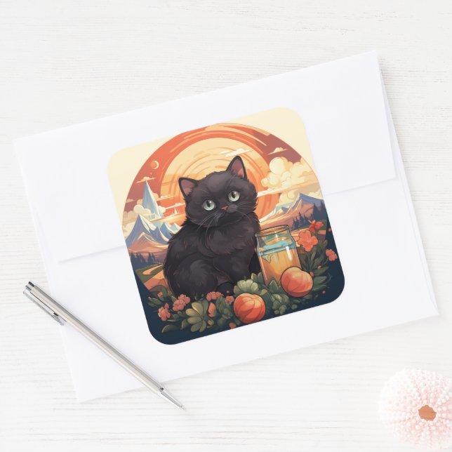 Cute Black cat-dekal Fyrkantigt Klistermärke (Kuvert)