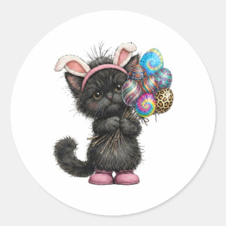Cute Black Cat Easter Bunny Ears Eggs Easter Day W Runt Klistermärke